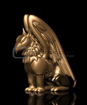 3d statue griffin from gold, on a black background