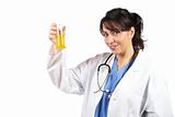 Female doctor examining test flasks