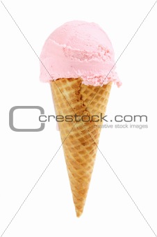 Strawberry ice cream in a sugar cone