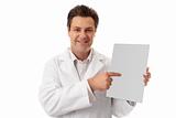 Doctor pharmacist holding brochure, sign, fact sheet