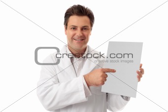 Doctor pharmacist holding brochure, sign, fact sheet