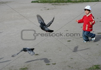 little girl run with pigeons in park