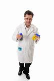 Scientist carrying lab bottles
