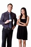 businessman and woman showing blank  bussiness card