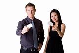 businessman and woman showing blank  bussiness card