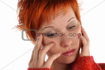 sad red haired woman isolated on white background
