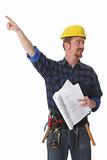 construction worker pointing on architectural plans