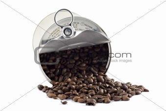 Coffee beans in tin can isolated on white background
