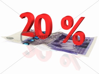 3d rendered 20 % percentage on a twenty pounds banknote