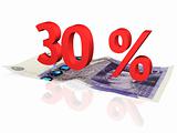 3d rendered 30 % percentage on a twenty pounds banknote