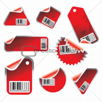 red vector tag and sticker set with bar codes