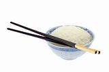 Bowl of cooked rice with chopsticks