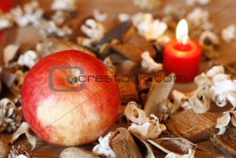 Apple,dried plants and burning heart