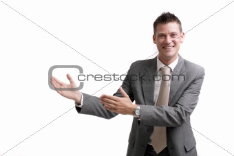 young cheerful business man giving a presentation