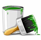 vector brush with green paint and bucket isolated