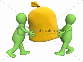 Two 3d puppets carrying big bag