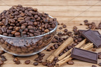 coffee beans,cinnamon sticks and chocolate