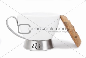 White cup and chocolate cookie isolated on white background