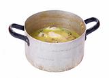 Dirty pot with soup,isolated on white background