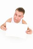 Man holding a clean sheet or paper