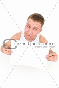 Man holding a clean sheet or paper