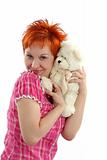 red haired woman with teddy bear isolaited on white background