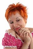 Flirting young red haired woman isolaited on white background