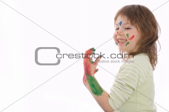 cute girl with painted hands and face