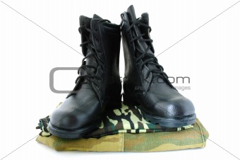 Camouflage uniform and army boots.