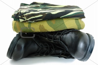 Camouflage uniform and army boots.