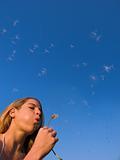 Girl blowing dandelion in front of the clear blue sky