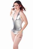 cute girl in pin-up pose in silver one piece bathing suit
