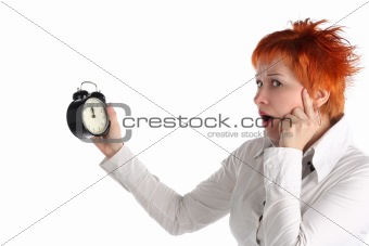 Business woman with clock. Time is over! Deadline concept