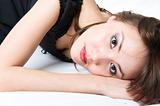 Young japanese girl lying on the floor. Beautiful make-up