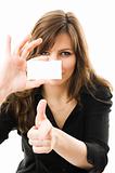 Portrait of a beautiful businesswoman holding a white card