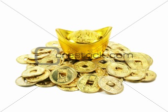 Ancient Golden Chinese Coins in a Pile