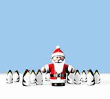 Santa  standing  at  the  North  Pole  surrounded  by  a  large  group  of  cute  penguins.