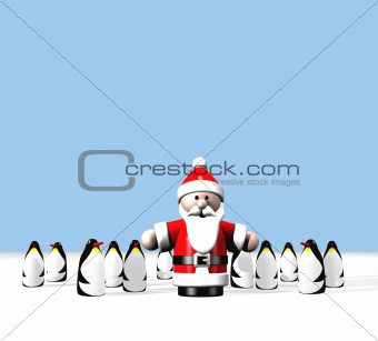 Santa  standing  at  the  North  Pole  surrounded  by  a  large  group  of  cute  penguins.