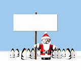 Santa  holding  a  sign  surrounded  by  lots  of  penguins  at  the  North  Pole.