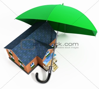 red umbrella protecting house from rain