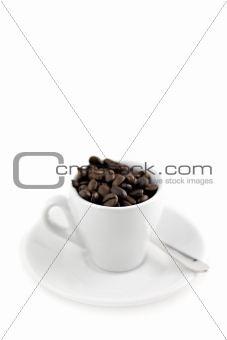 coffee cup with beans isolated on white, Shallow depth of field