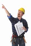 construction worker pointing on architectural plans
