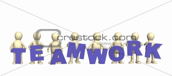 Eight puppets with blue letters in hands