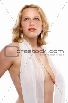 voluptuous blonde woman in sheer top