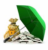 green umbrella protecting money from rain