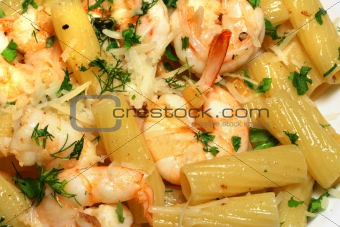 Pasta olio, aglio, peperoncino with prawns - Italian cuisine