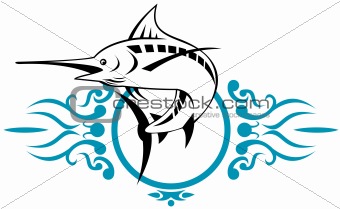 Blue marlin with sun and ribbon in background