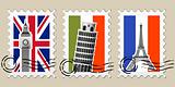 Three Postmarks with sights of Europe and stamps