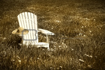 White chair with straw hat in a field