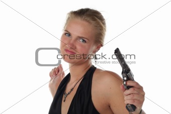young blond woman in black dress with revolver isolated on white background